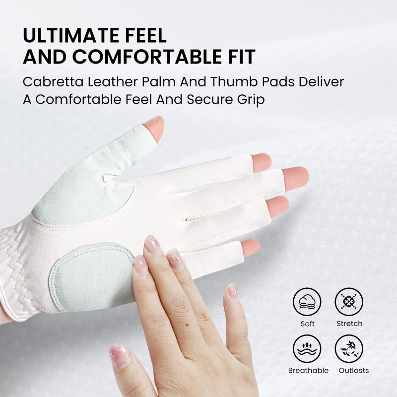 FINGER TEN قفازات جولف أنيقة للنساء من FINGER TEN مع علامة كرة 1 عبوة لليد اليسرى أو اليمنى، قفاز قابل للتنفس مع أنماط عصرية للاعبات الجولف (نصف حفلة جولف، متوسط، يسار)  - Image 3